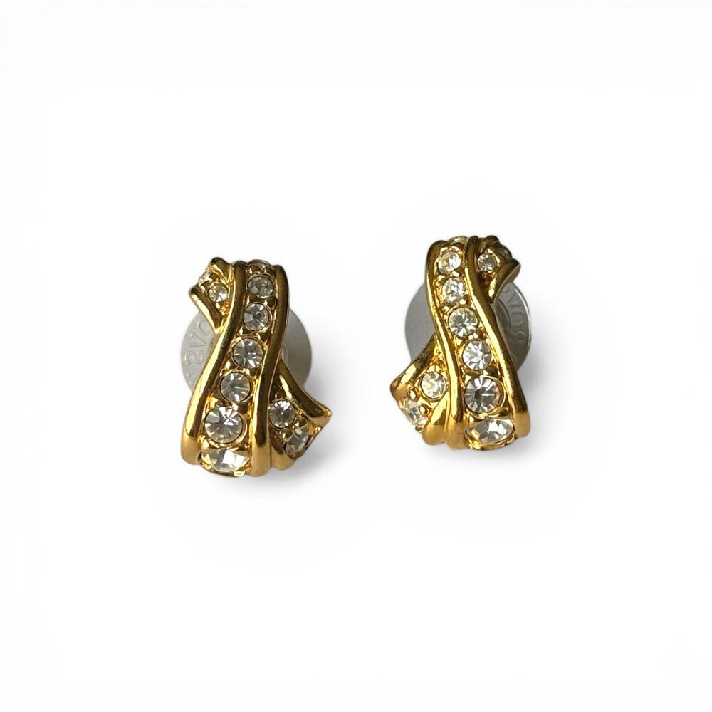 VTG Swarovski Signed Gold Tone Double Wave Channel Set Clear Crystal Earrings